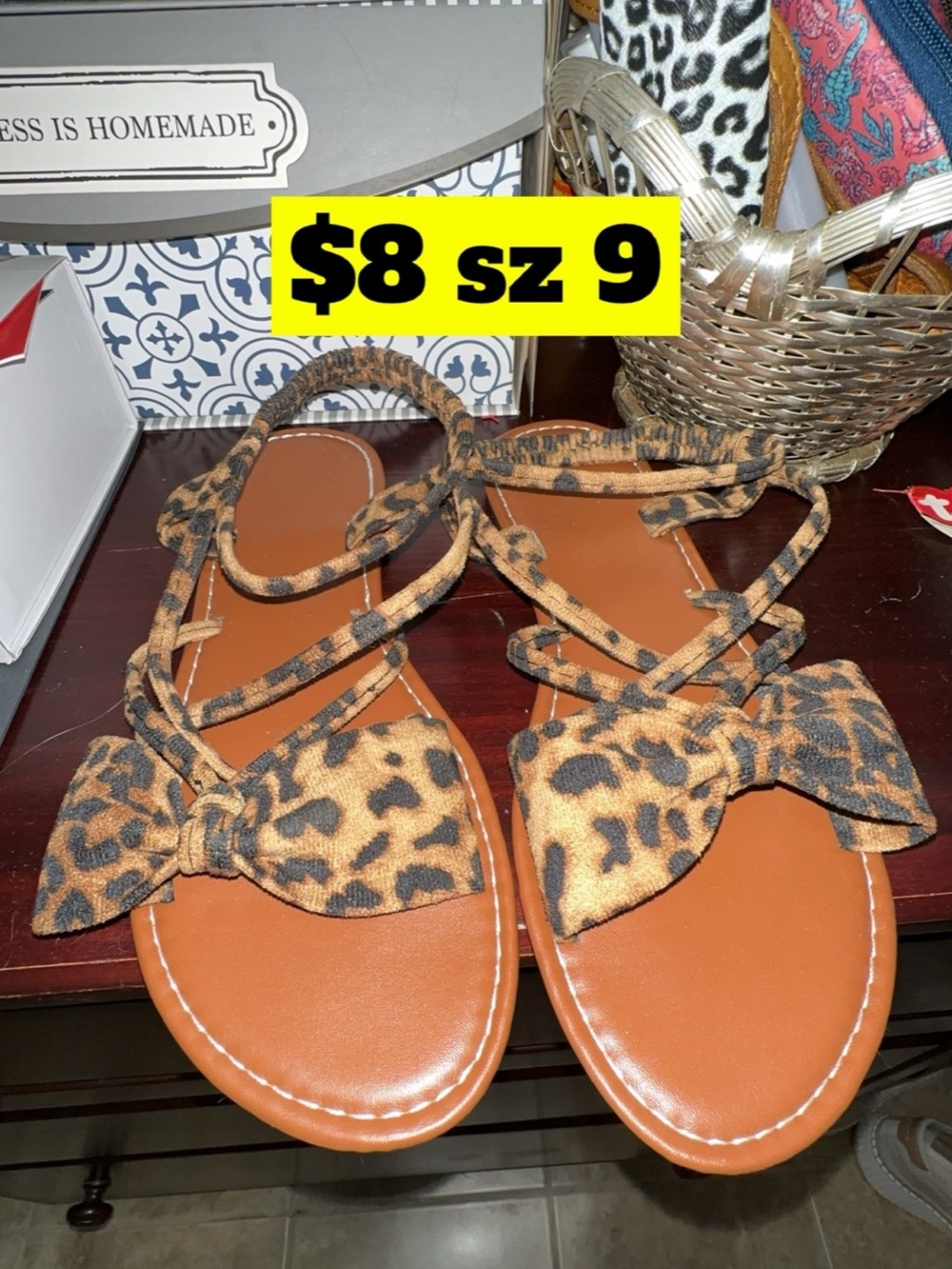 Women’s Leopard Print Bow Strap Sandals - Size 9